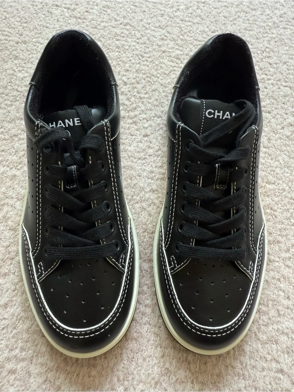 CHANEL Black Leather Low-Top Sneakers with White Stitching size 6 never worn